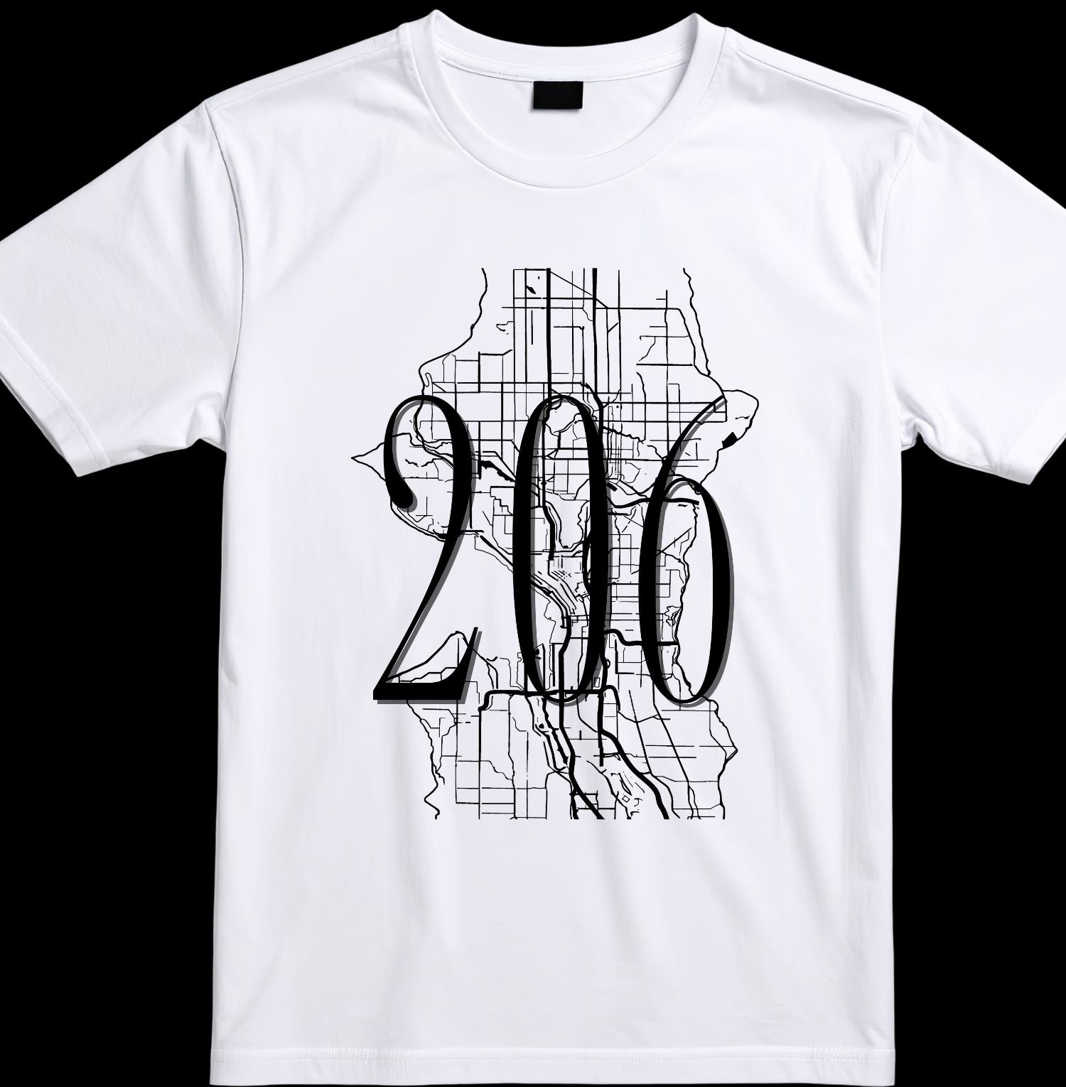 White t-shirt with black '206' design on a white background