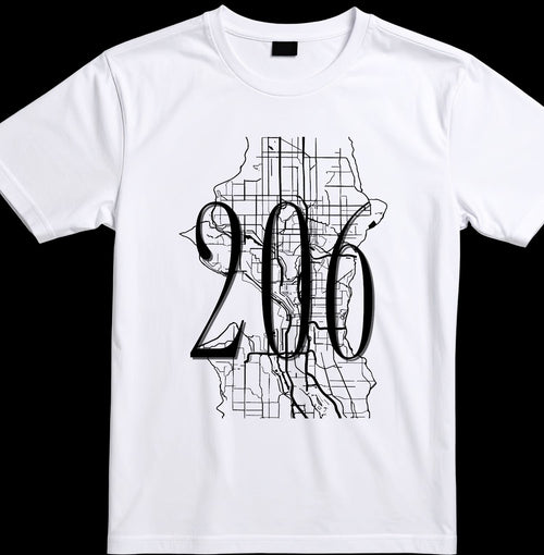 White t-shirt with black '206' design on a white background