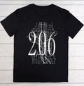Black t-shirt with white map design and '206' text on a wooden surface