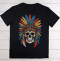 Black t-shirt with a skull and colorful feathers design on a wooden background