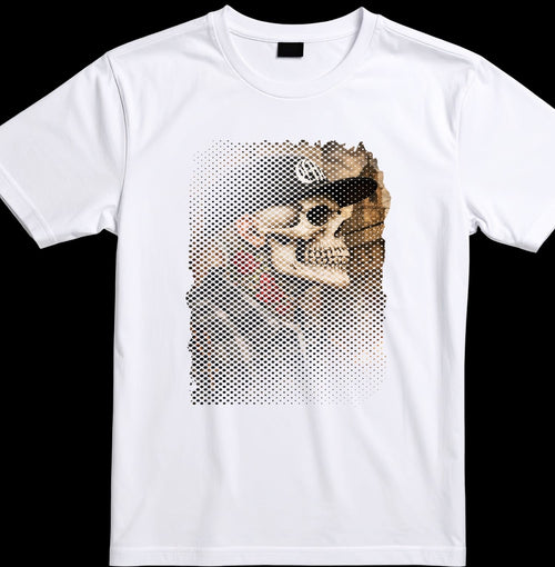 White t-shirt with a graphic design of a cat and text on a black background