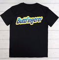 Black t-shirt with 'Buttfingerer' text on a wooden surface