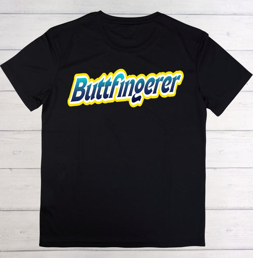Black t-shirt with 'Buttfingerer' text on a wooden surface