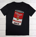 Black t-shirt with a graphic of a red and white soup can on a wooden surface