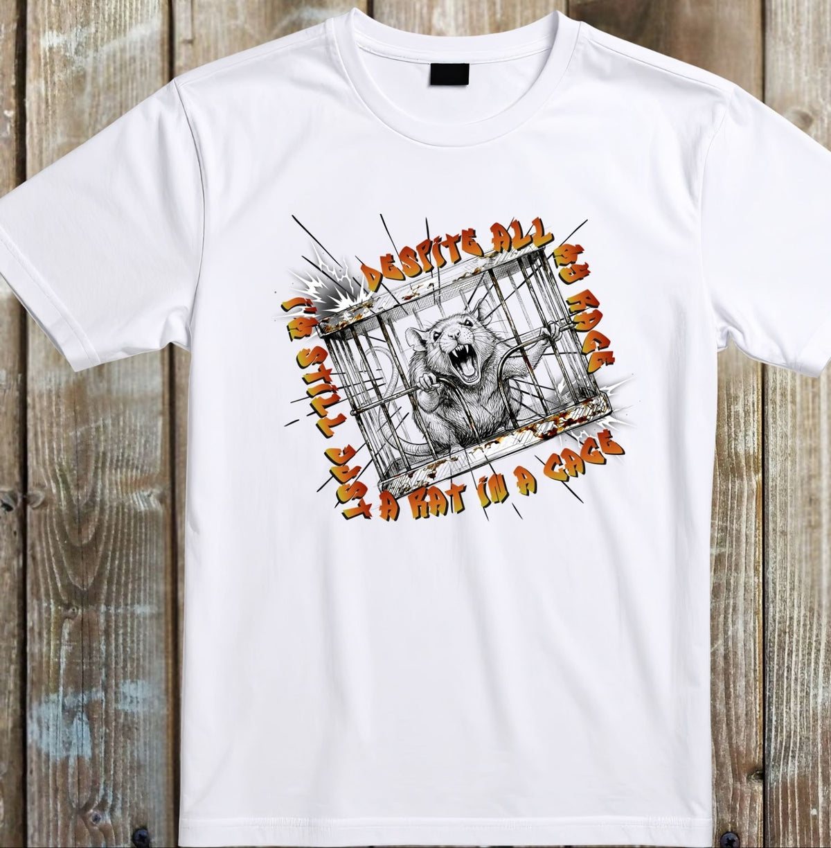 A white short-sleeve crewneck t-shirt with a graphic print of a screaming bear inside a cage, surrounded by the text 'DESPITE ALL HOPE I'M NOT GONNA LET YOU WIN', displayed flat against a rustic wooden plank background.