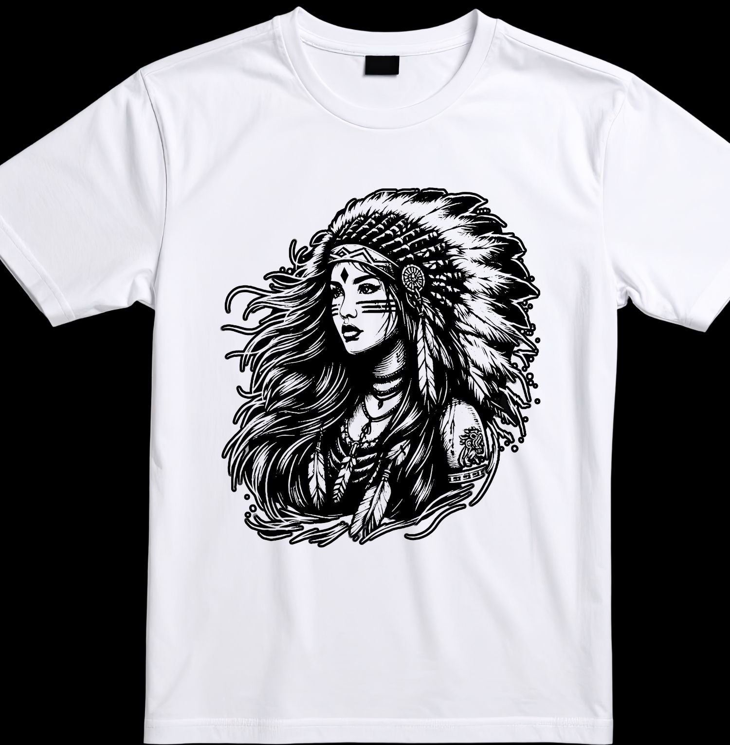 White t-shirt with black graphic design of a woman wearing a headdress on a white background