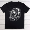 Black t-shirt with a graphic of a woman wearing an headdress on a wooden background