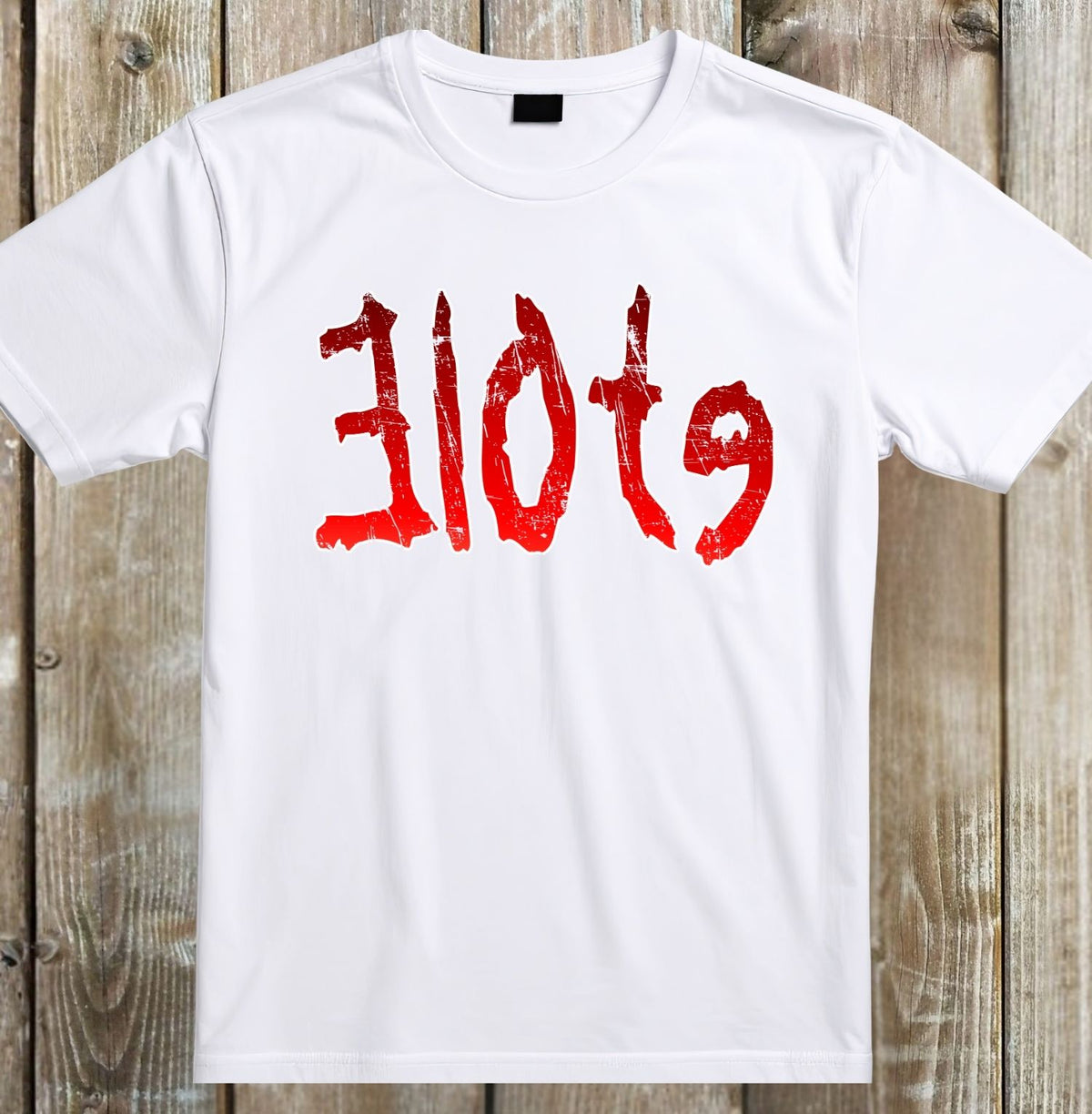 A white short-sleeve crewneck t-shirt with the word 'slot' printed in a distressed red font on the chest, laid flat on a rustic wooden plank background.