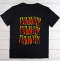 Black t-shirt with red and yellow text on a wooden surface