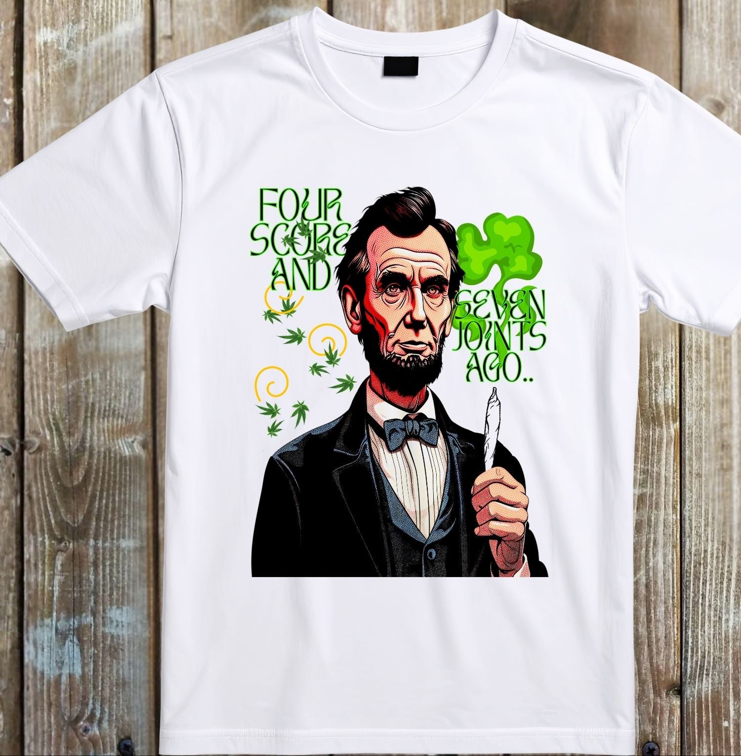 White t-shirt with a graphic of a historical figure holding a shamrock on a wooden background