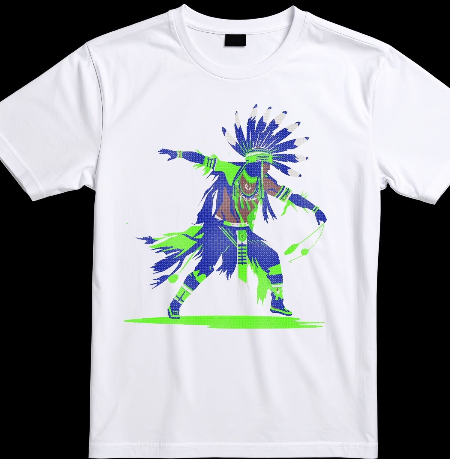 White t-shirt with a colorful Native American dancer graphic on a black background