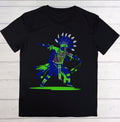 Black t-shirt with a colorful Native American dancer design on a wooden surface