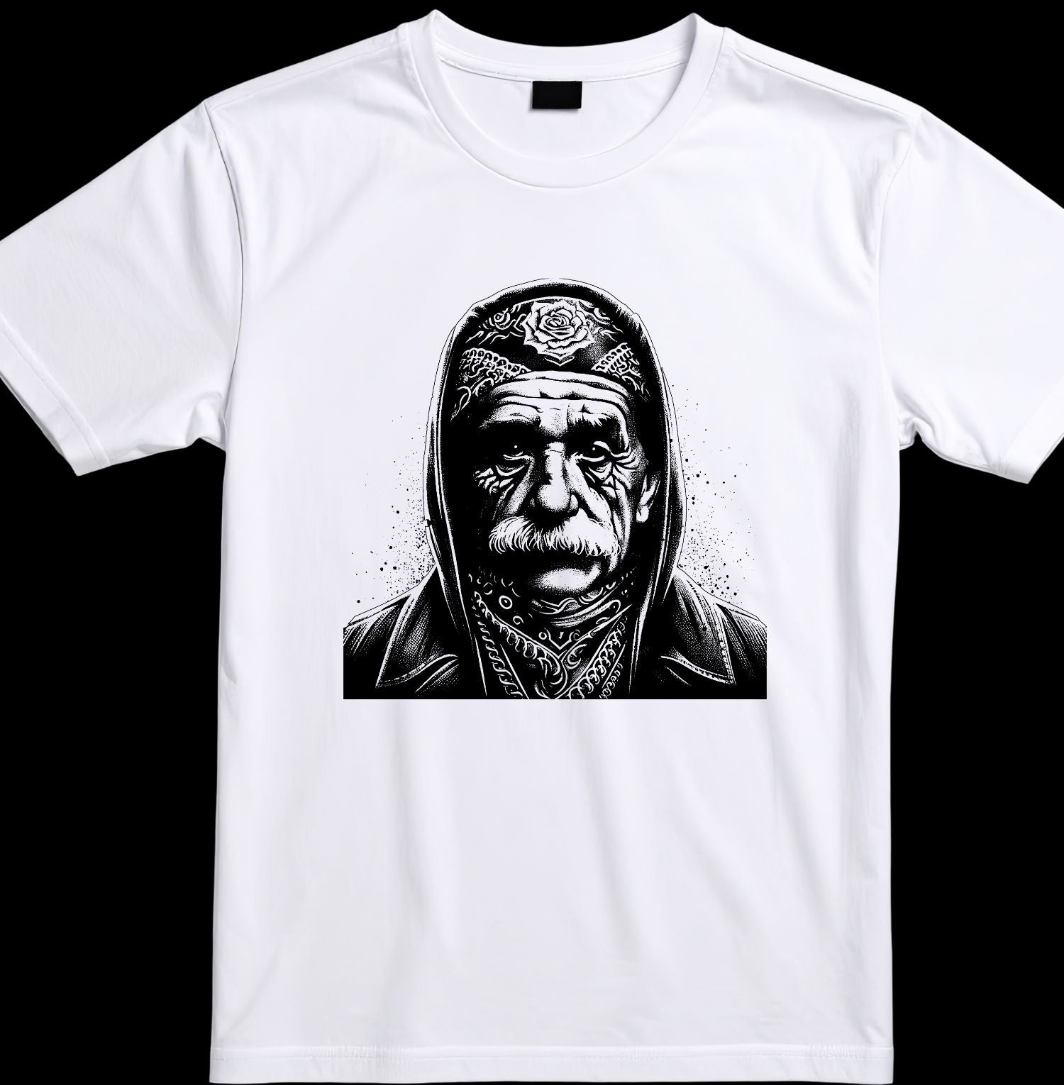 White t-shirt with a black and white graphic of a hooded figure on a black background