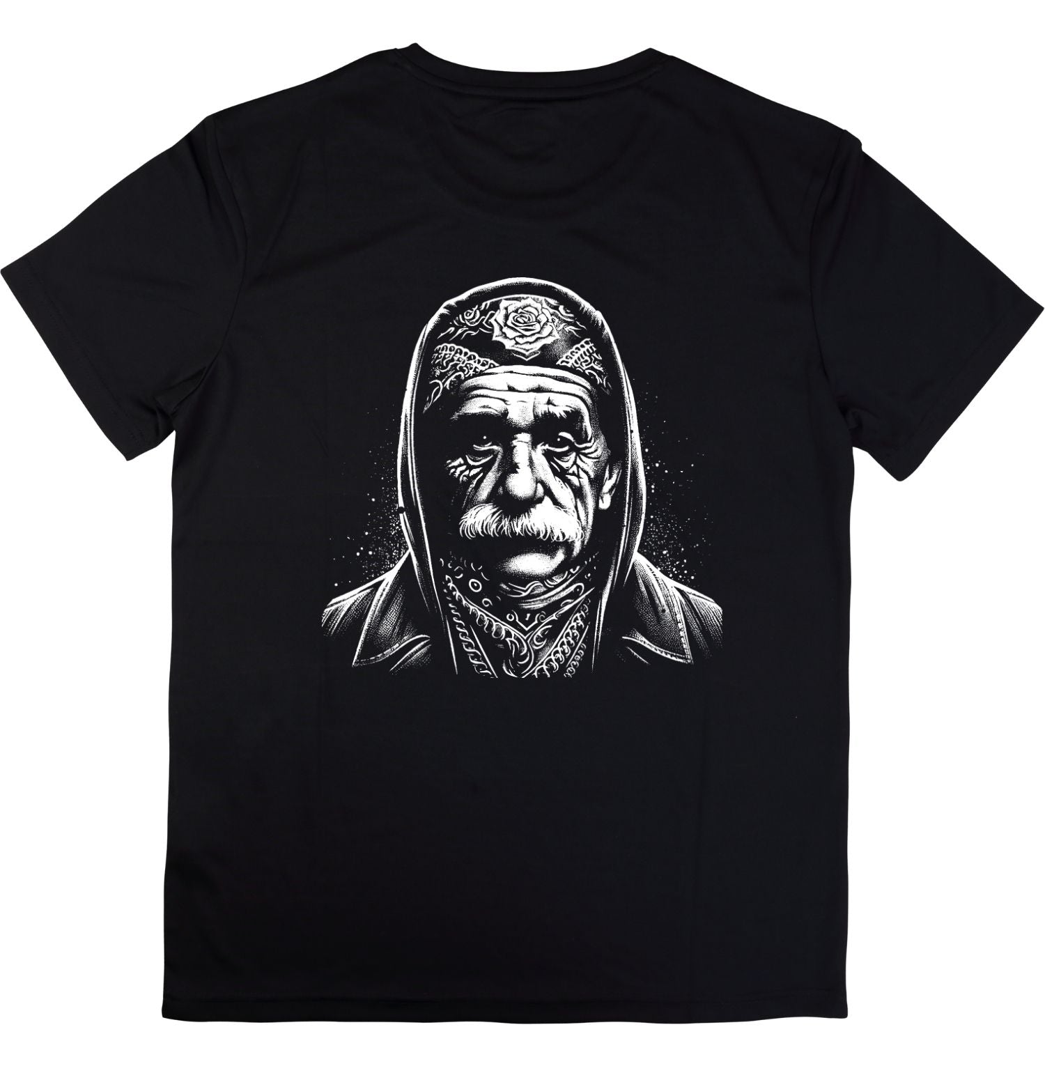 Black t-shirt with a graphic of an elderly man's face on a white background