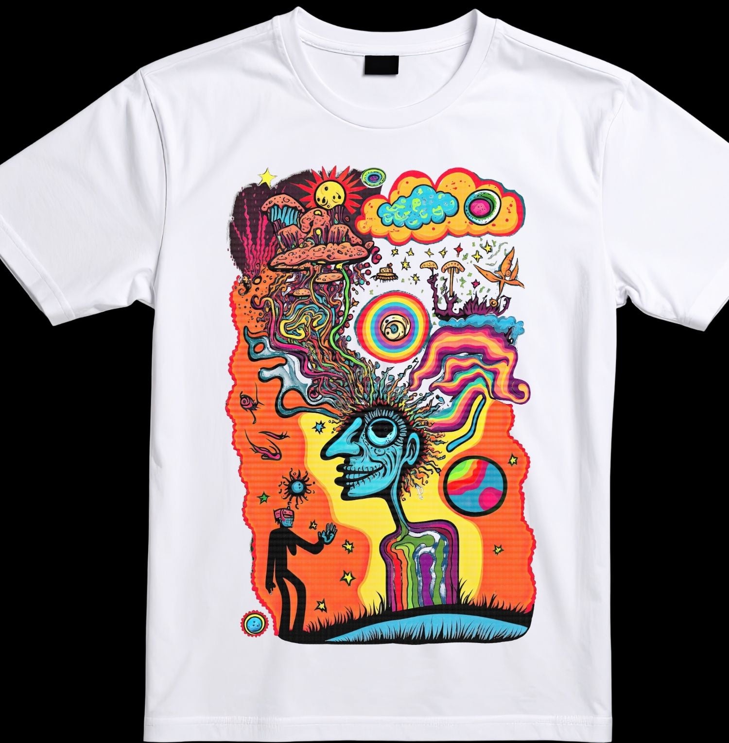 White t-shirt with a colorful psychedelic design featuring a face and abstract elements.