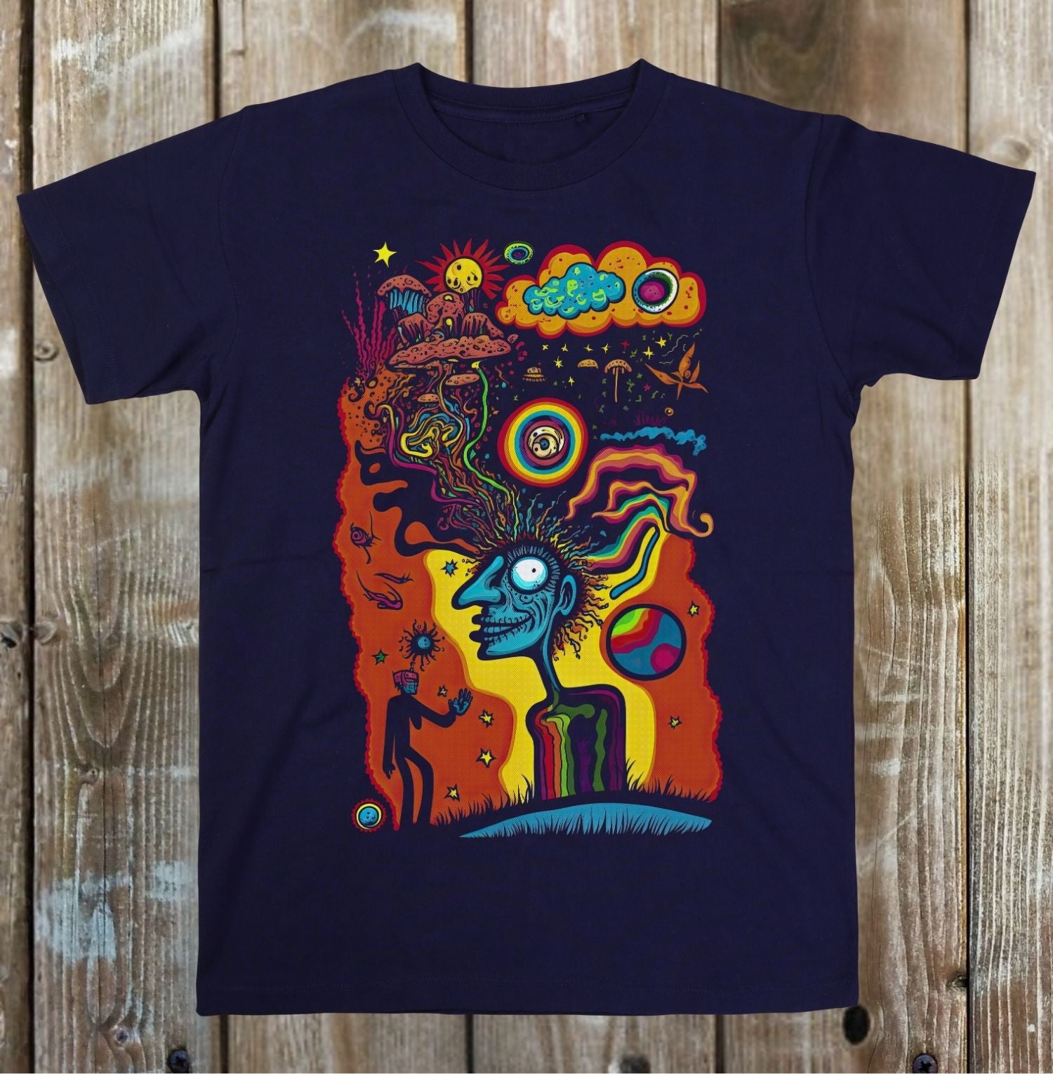 Navy blue t-shirt with a colorful abstract design on a wooden surface
