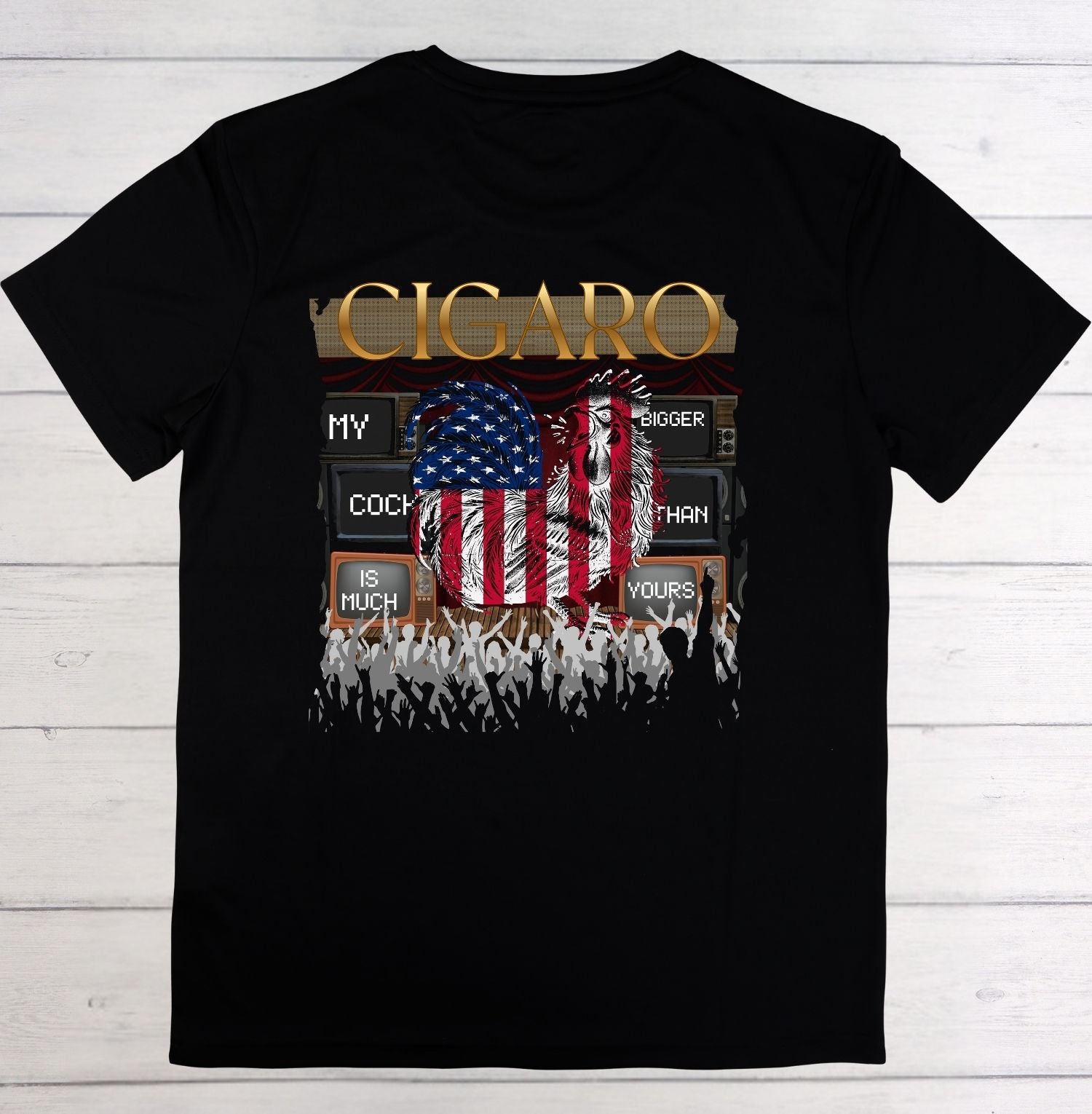Black t-shirt with graphic design featuring an American flag and text on a wooden surface
