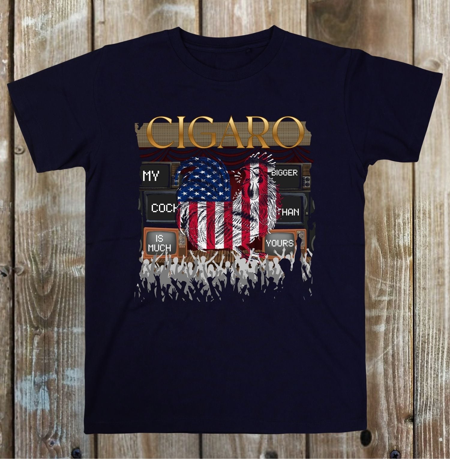 Blue t-shirt with graphic design and text on a wooden background
