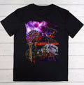 Black t-shirt with a colorful graphic design on a wooden surface
