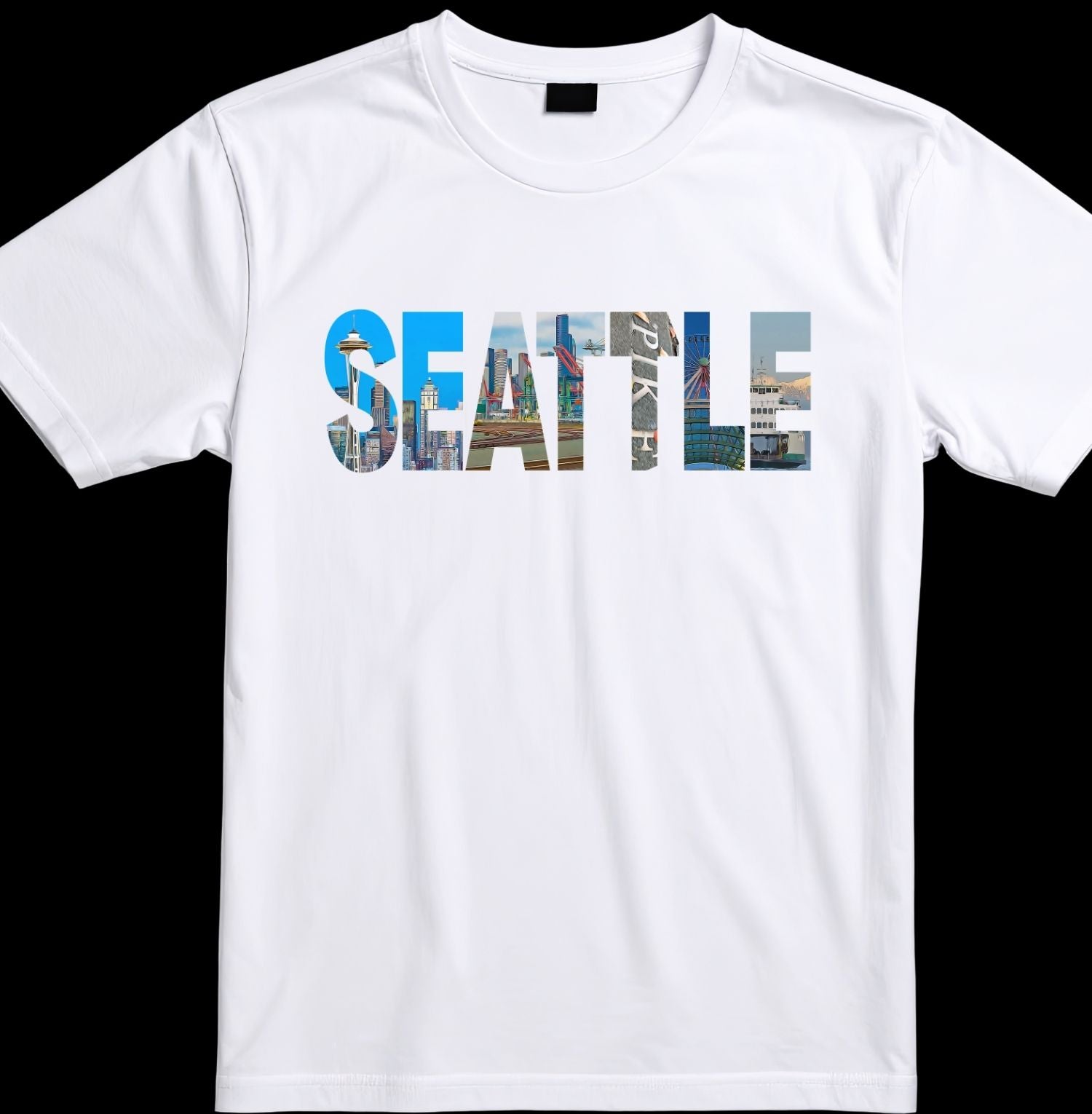 White t-shirt with 'SEATTLE' printed on it featuring a cityscape design.