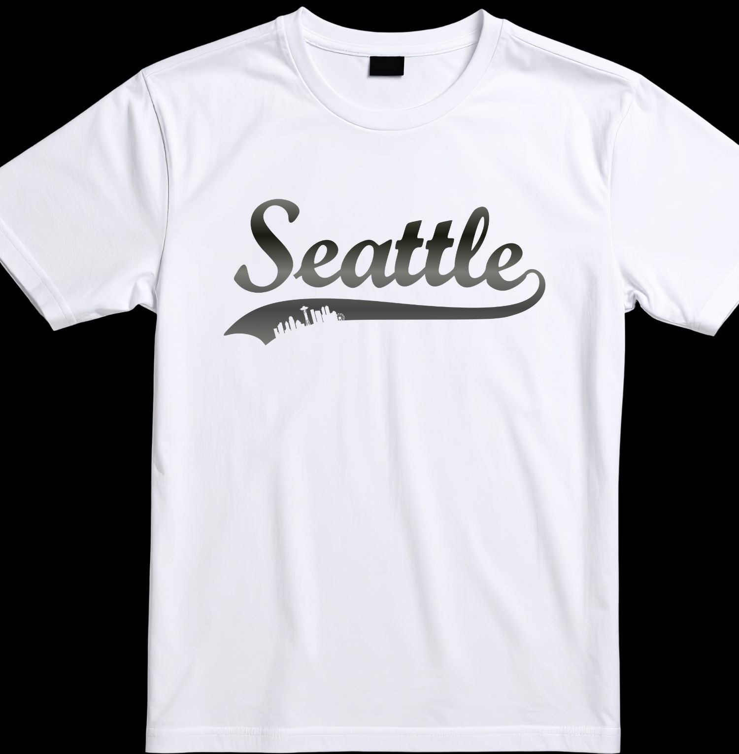 White t-shirt with 'Seattle' and skyline design on a black background