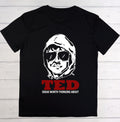 A black short-sleeve crewneck t-shirt laid flat on a white wood plank background. The shirt features a white graphic print of a hooded figure wearing sunglasses, with the word 'TED' in bold red letters and the phrase 'IDEAS WORTH THINKING ABOUT' in white underneath.