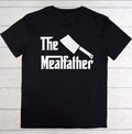 Black t-shirt with 'The Meaffather' graphic on a wooden surface