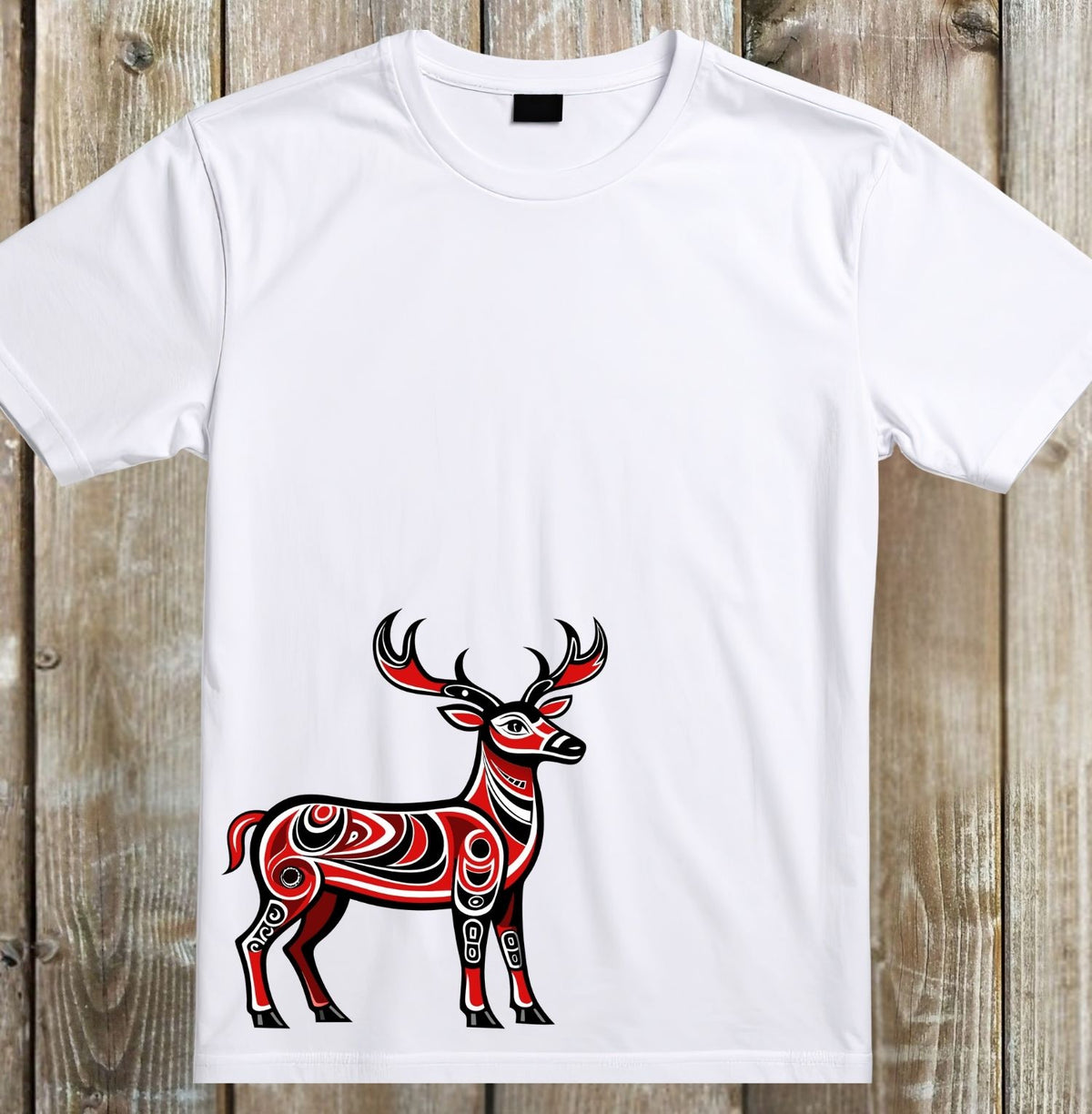 A white short-sleeve crewneck t-shirt featuring a stylized red, black, and white patterned deer graphic on the front, displayed flat against a rustic wooden plank background.