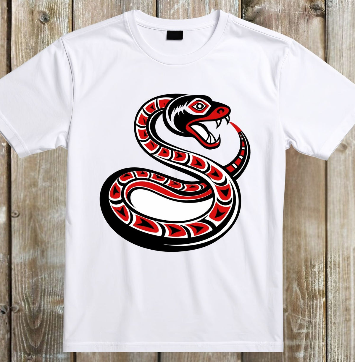 A white short-sleeve crewneck t-shirt featuring a stylized red, black, and white coiled snake graphic on the front, displayed flat against a rustic wooden plank background.