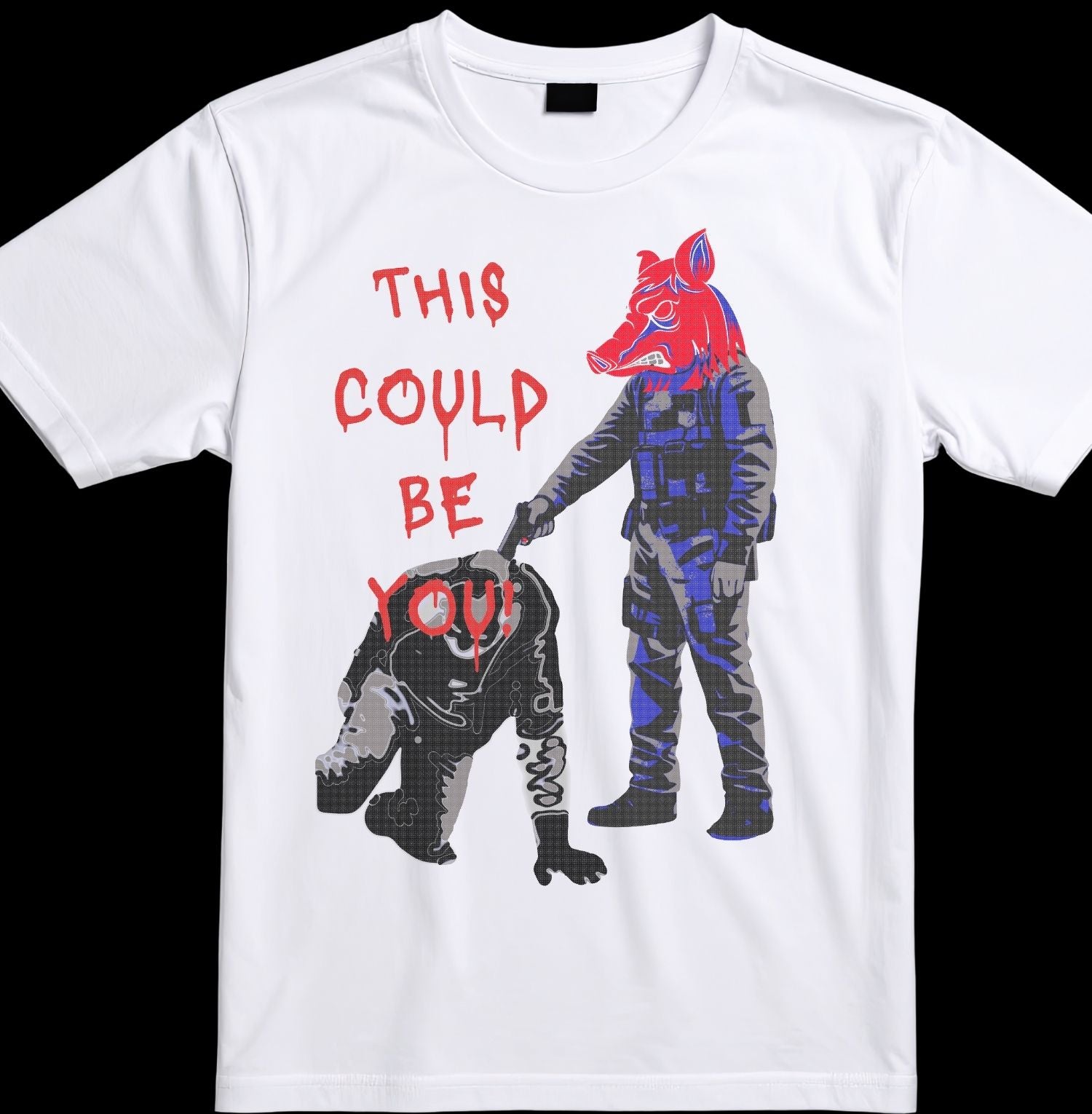 White t-shirt with graphic design of a person holding a bear and text 'THIS COULD BE YOU!' on a wooden background
