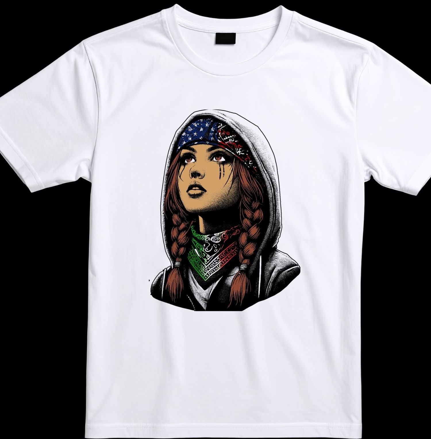 White t-shirt with a graphic of a person wearing a hood and bandana on a black background