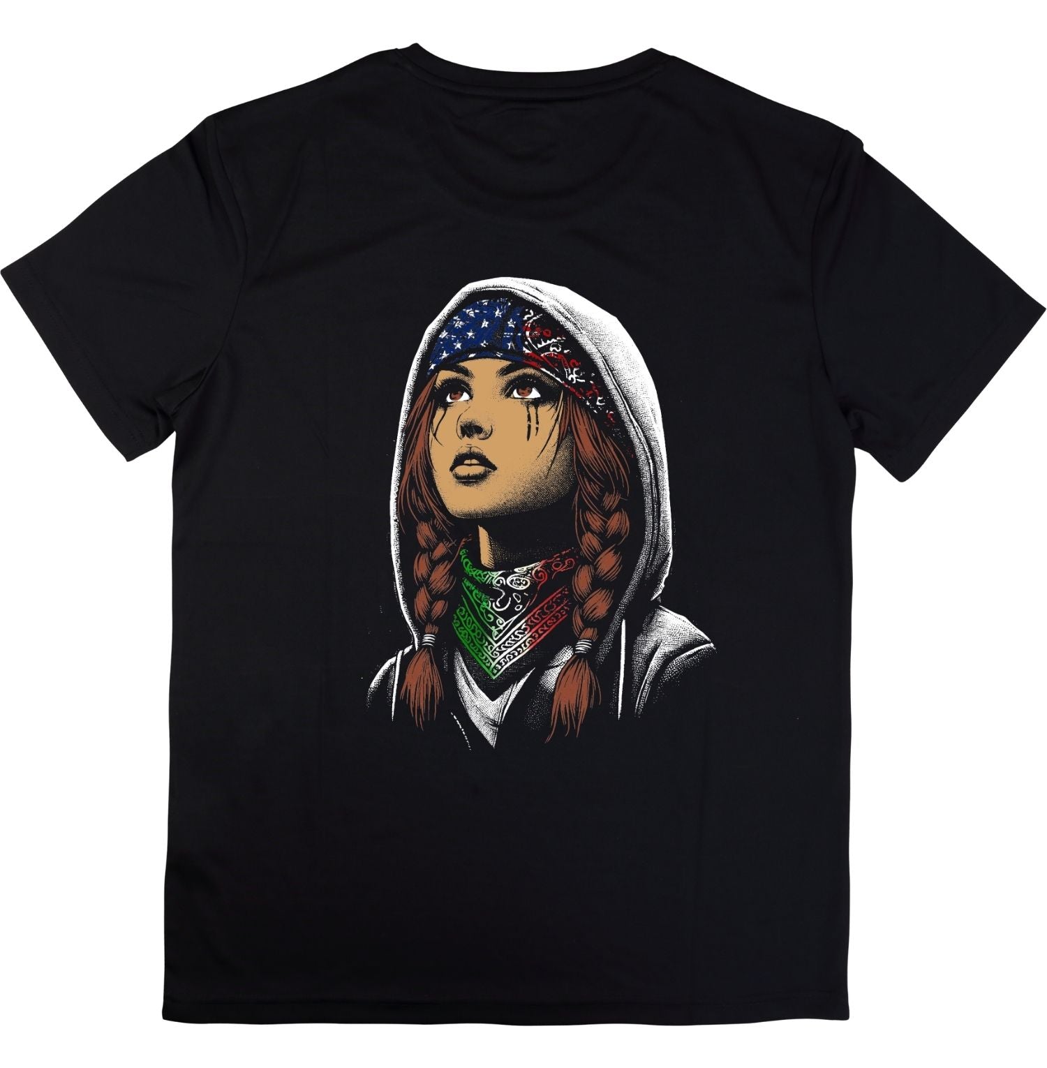 Black t-shirt with a graphic of a person wearing a headscarf with an American flag design on a white background