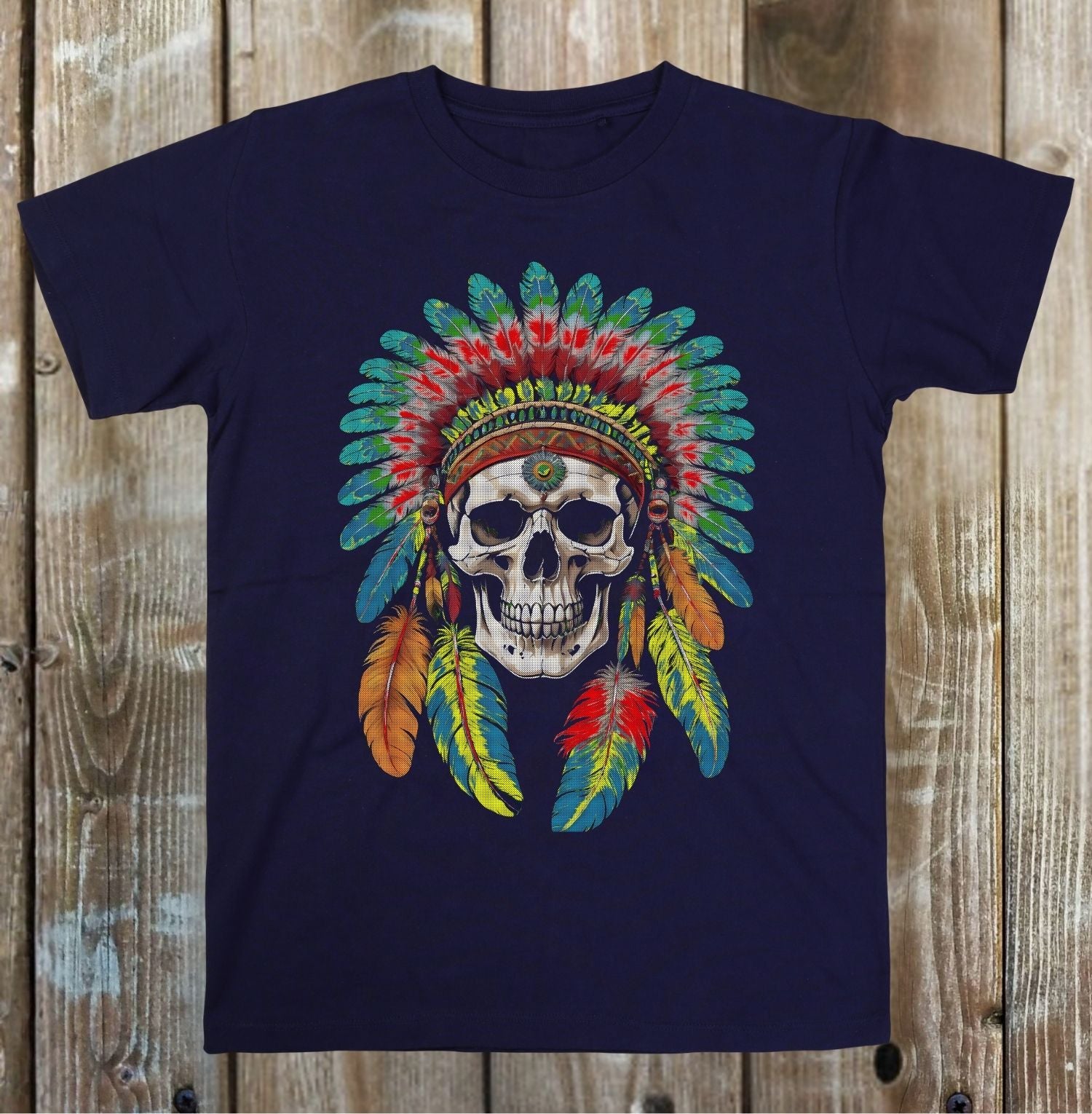 Navy blue t-shirt with a colorful skull and feathers design on a wooden background