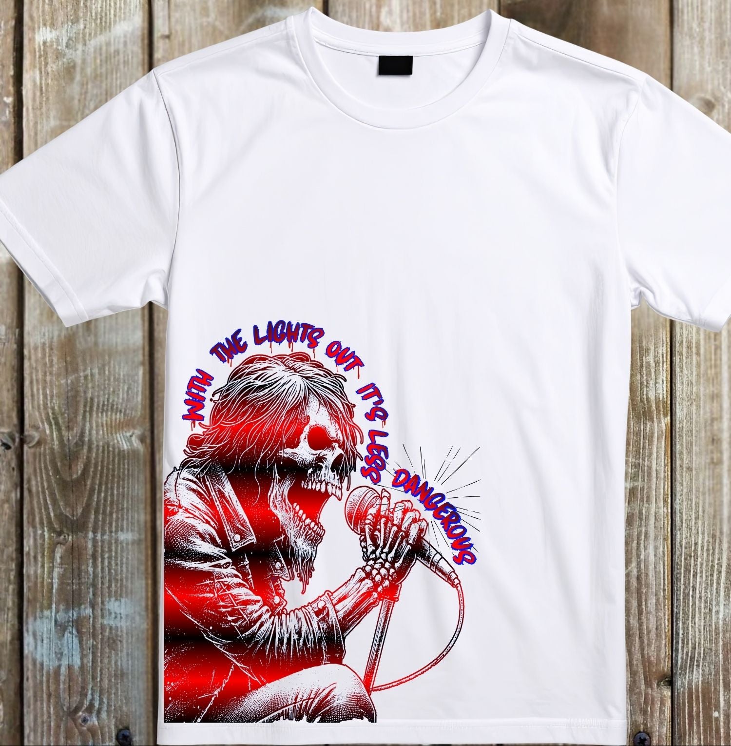 White t-shirt with a graphic design of a person with red hair and a microphone, set against a wooden background.