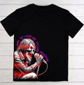 Black t-shirt with a graphic design of a skeleton holding a microphone on a wooden background